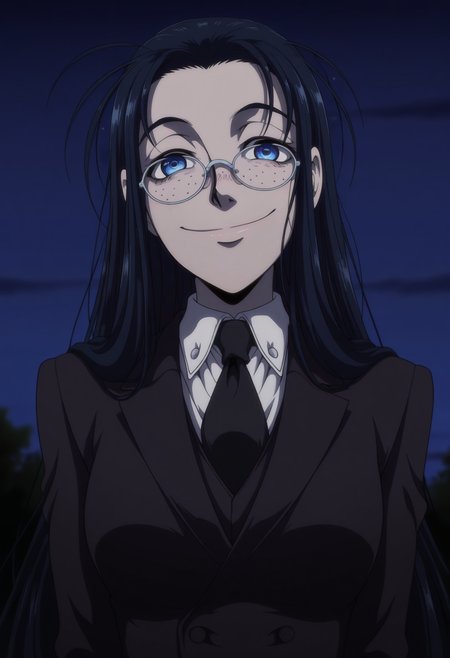1girl,solo,rvw,long hair,blue eyes,black hair,glasses,freckles,breasts,anime coloring,
formal, suit,upper body, looking at viewer, smile,outdoors,night
,masterpiece,best quality,amazing quality,<lora:Rip_Van_Winkle-Hellsing:0.8>