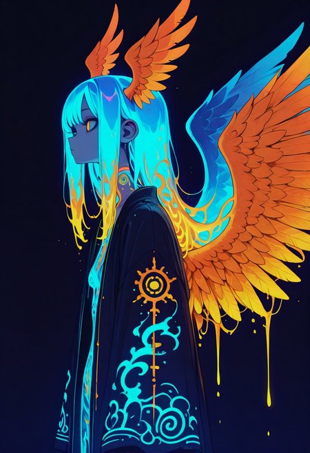 1girl ,solo ,(ghostly hair), long hair, (glowing liquid hair:1.2), elaborate tattoos, intricate tattoos, open robe , glowing wings , big wings , orange feather , glowing feather , head wings , from side , flaming wings , 
masterpiece, best quality ,amazing quality ,S4bit4mago_illu , xxx667_illu ,Protoneon ,
