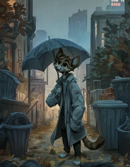 source_furry,

Brown tabby & white fur, cat, wearing a grey rain coat, city background, side walk, trash can, leaves on floor, raining, holding umbrella, looking slightly up, slightly opened mouth,

<lora:Jacato_Style_Pony:1>, score_9, score_8_up, score_7_up, score_6_up, score_5_up,