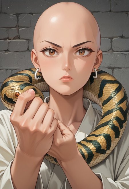 score_9,score_8_up,score_7_up,score_6_up,score_5_up,source_anime,1girl, female saitama, bald girl, brown eyes 19yo, standing, one hand ready to strike , clenched fist, bored, snake, snake on shoulders,