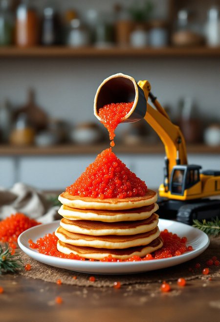 The image depicts a creative culinary presentation where pancakes are stacked atop one another on a plate. Atop the stack of pancakes sits a generous amount of red caviar, which appears to be artistically arranged in a peak shape. A miniature toy excavator is positioned behind the stack, with its bucket tilted downward, pouring more caviar onto the pancakes.  on the side there is a mountain of caviar that it takes from The background features a cozy kitchen setting with various bottles and jars, suggesting a homey or restaurant environment. The overall composition blends elements of food artistry with playful decor, creating an intriguing visual contrast between the delicate texture of the caviar and the robust machinery