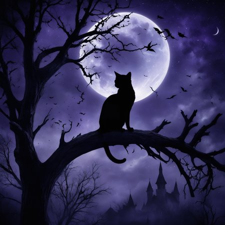Gothic style, dark night scene, cat silhouette on a tree branch, crescent moon, deep purple and black hues, starry sky, eerie atmosphere, glowing edges, detailed textures, high contrast, mystical and somber, Victorian Gothic elements, intricate shadows