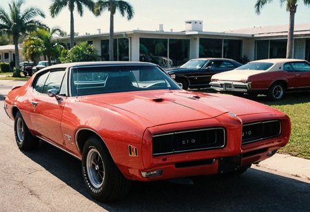 MiamiVice, VintageMuscleCar, Pontiac GTO, outdoors, stripes, front side view, sunny, highly detailed, 4K, (stylish grainy analog 35mm film photo)