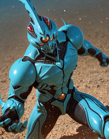 perfect depth of field shot, masterpiece, beautiful, sharp focus, crisp details,
<lora:Guyver_(Guyver)_(Illustrious)_(AD):1> Guyver, bioboosted armor, 
exterior, science fiction, high science fiction, action anime style background, 
dynamic action, dynamic perspective, dutch angle, bent knee, cowboy shot, 
male focus, perfect proportions, abs, impressive physique, gradient style anime coloring, strong, handsome facial features, imposing presence, ((colored body, fighting scene, solo, ):1.5), hyper muscular,
EZRealPONYXL, zPDXL, Smooth Quality, lazynsfw,