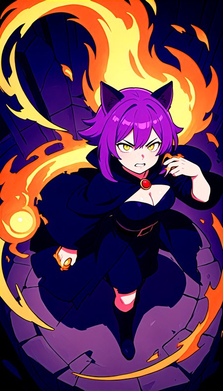 Masterpiece, best quality,  flat colors, (chiaroscuro:0.5), high angle shot,  black cat ears, purple hair with yellow highlights, cleavage, fierce expression, BREAK,  fire magic, fire ball on hand fire vortex, dark robe, boots, BREAK, dark street, ruins
