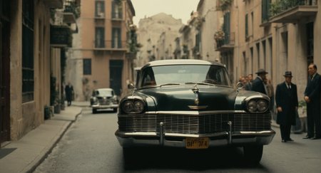 cinematic film still of  <lora:The Godfather Film Style:1.2>
a car parked on the side of a street The Godfather Film Style , shallow depth of field, vignette, highly detailed, high budget, bokeh, cinemascope, moody, epic, gorgeous, film grain, grainy