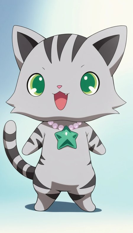 drawing, flat color, high quality, highres, good anatomy, detailed hands, detailed face, detailed fur, 2d, anime, ((source_furry, score_9, score_8_up, score_7_up, score_6), by darkgem, (Sharp focus, masterpiece, 8k, intricate artwork, hyper detailed, high detail), ((chunie)), tour, gray fur, star necklace, furry, furry male, no humans, green eyes, jewelry, cat, necklace, solo, looking at viewer, open mouth, :3, standing, star (symbol), smile, tail