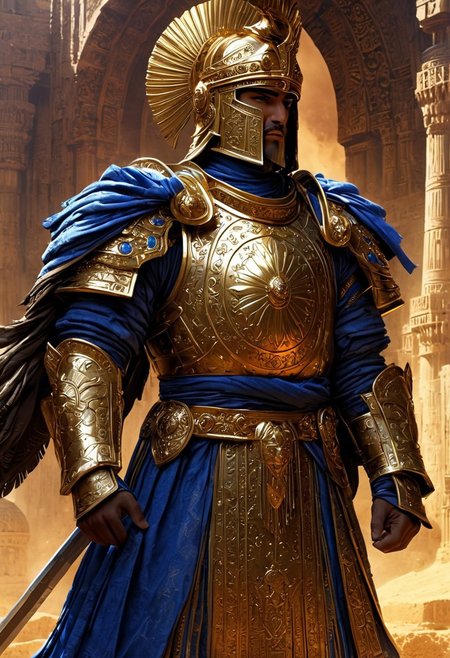 A majestic Persian Achaemenid warrior standing tall on a battlefield, wearing intricate armor crafted from gold and bronze. His helmet, featuring a flared design with winged details and a crest, reflects the grandeur of ancient Persia. His armor is decorated with detailed engravings of Persian motifs, including lions and intricate geometric patterns. He holds a large round shield embossed with the image of the Persian king and a curved sword in his right hand. His regal cloak, rich in royal blue and purple, flows behind him in the wind. His stern face, framed by a well-groomed beard, exudes confidence and strength. In the background, the ruins of a grand Persian city, with towering columns and elaborate architecture, stand beneath a dramatic sky. The color palette is rich with golds, deep blues, and earth tones, conveying a sense of ancient Persian power, nobility, and battle readiness.
, moody light, by H.R Giger, 4k resolution digital art trending on Artstation and unreal engine 5, hyperrealism, full body shot, glowing eyes, cinematic, epic, masterpiece, surreal, fantasycore, hyperdetailed, ultra realistic, octane render, volumetric lighting, depth of field, bokeh, 8 <lora:Details:0.85>