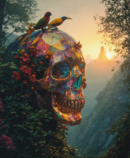 analog film photo A massive iridescent crystal Mexican skull towers over a lush jungle canopy at sunset. The skull's facets catch the fading golden light, scattering a kaleidoscope of colors across the verdant foliage below. Exotic birds with vibrant plumage perch on the skull's crown, while vines and orchids grow from its eye sockets. A hidden Mayan temple peeks through the mist in the background. . faded film, desaturated, 35mm photo, grainy, vignette, vintage, Kodachrome, Lomography, stained, highly detailed, found footage