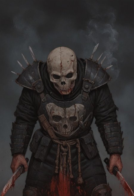 (score_9, score_8_up, score_7_up), drhdr_style, 1boy, solo, sketch, skull mask, japanese armor, knife, holding knife, blood, magic, slull mask, skull, low light, darkness, man standing knee-deep in black water and holding weapon, black smoke, close-up, detailed background