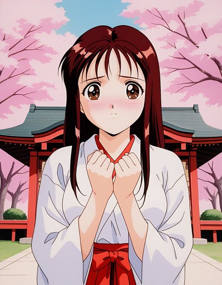 general,highres, ultra-detailed,very aesthetic,best quality ,best hands,  BREAK <lora:Arisa_Seijuden_IS:1> Arisa, 1girl, solo, long hair, bangs, brown hair, red hair, brown eyes, breasts, 1990s \(style\),anime coloring,
japanese white clothes, miko, red hakama, shrine, cherry blossom, kimono, blush,