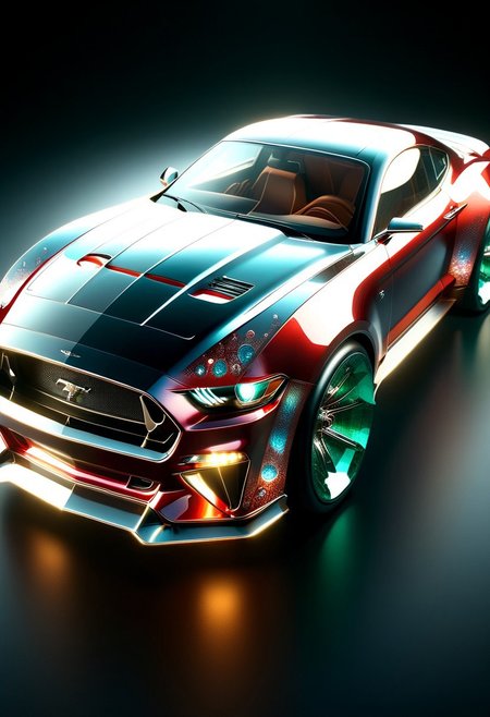 A futuristic car made entirely of transparent crystal that has  hints of a 1955 Chorvett sting ray convertible. It is  entirely made out of transparent red glass crystal, ultra detailed, enhanced, prismatic colors, render, CRU, sharp, 8k, octane render, cinema 4d, blender, dark, atmospheric 4k ultra detailed, cinematic, Sharp focus, big depth of field, Masterpiece, colors, 3d octane render, 4k, concept art, hyperrealistic, Vivid colors, extremely detailed 8k wallpaper, Intricate, High Detail. Car has square LED headlights, a glowing LED Ford mustang  emblem. LED running lights  Car is in a futurist high tech dealer showroom on a circular platform that is lit from below. The car has several spotlights on it which only enhance the crystal.  camera is looking down and sideways as the car. emeraldmorph