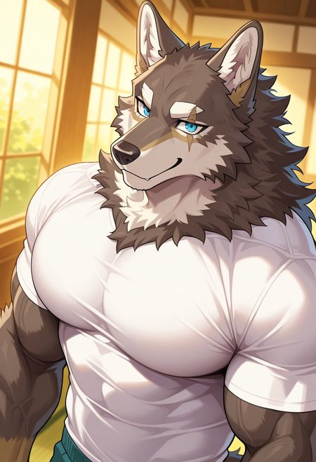 ogami aratsuka, solo, furry, wolf, perfect eyes, perfect face, smile, brown fur, wolf tail, scars across eyes, blue eyes, muscular, bara, athletic build, manly, huge pectorals, dynamic angle, face focus, portrait, white t-shirt, short sleeves, unparalleled masterpiece, best quality, amazing quality, very aesthetic, high resolution, 4K, extremely-detailed, depth of field, high sharpness, newest, scenery, detailed fur, detailed muscles, cinematic lighting, <lora:Ogami_Aratsuka:1>