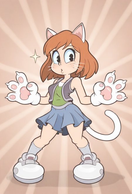 masterpiece, best quality, highly detailed, high resolution, absurdres, amazing quality, intricate detail,  RetroXL, toon \(style\), flat color, black eyes, cat ears, cat tail, whiskers, big eyes, large head, small body, eye sparkle, starburst background, skirt, socks, shoes, vest, sleeveless, paw gloves, large paws,