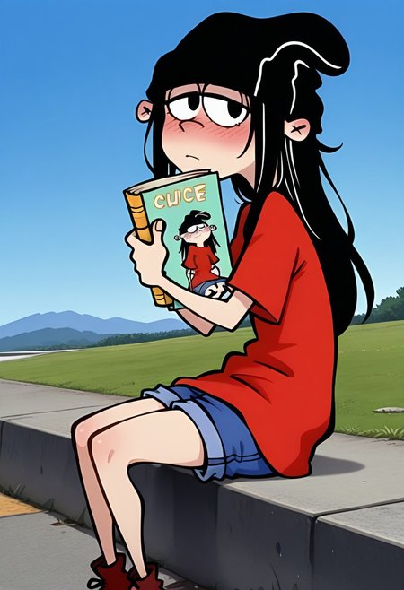 eddboi, sockhead, smooth black beanie, red shirt, blue shorts, 1girl, solo, female, adult, woman, long hair, waist long hair, sitting on curb, holding books, looking at viewer, cute, blue sky, sunny day, side view, faint blush,