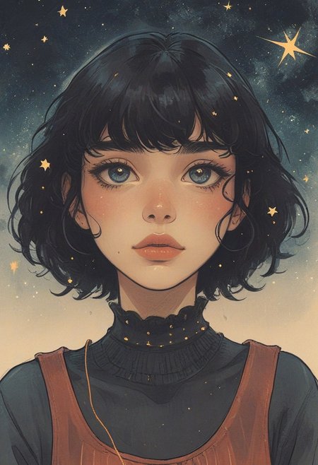 Ink illustration, (anime:0.1), aged black paper, inkpunk
1 girl, solo, parted lips, slim build, refined beauty, medium breasts, dark-skinned, curly short black hair, crop top, dolphin shorts, big ass, wide hips, choker, portrait, starry background, looking at viewer, upper body, close up,
Stylized image with sharp lines and saturated colors
cheerful expression with a hint of flirtation; blush;