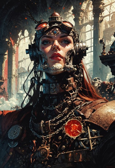 score_9, score_8_up, score_7_up, 
Imagine Alice in a steampunk-inspired Wonderland, filled with intricate brass machinery, steam-powered contraptions, and clockwork creatures. Alice, now a daring inventor, wears a corset-laced blue dress with leather accents, a pocket watch on a chain, and goggles perched atop her head. The Mad Hatter hosts tea parties with mechanical teapots pouring endless cups, while the Cheshire Cat appears as a hologram projected by gears and spinning disks. The Queen of Hearts rules a vast industrial empire, her minions clad in iron armor with gears churning as they move. The landscape is a mix of Victorian elegance and industrial chaos, with airships floating in the smog-filled skies and sprawling mechanical gardens powered by steam vents. The atmosphere is vibrant yet gritty, a blend of whimsy and the hard edges of industrial ingenuity