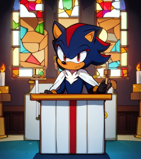 shadow the hedgehog \(sonic\), behind a lectern, standing, giving a sermon at church, stained glass window in background, white robe

<lora:shadowTheHedgehogSonic_v1:0.7>