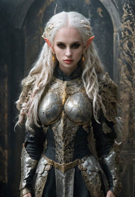analog film photograph of the high queen, an elf female of unearthly beauty, very long straight white hair, very pale pink skin, light grey eyes, (natural ears:1.2)
mysterious smirking expression, looking down at the viewer, wearing (intricately decorated Milanese black (full cuirass) plate armor:1.4), intricately decorated with a damask, gold inlay, (brandishing a glowing sword pointed at the viewer:1.9),
elf queen, full body shot,
1girl, GLOWING STYLE