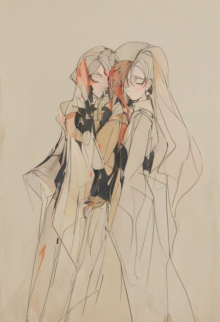 The twins {women} stand in front and behind each other. The person in front is wearing {Harley Quinn makeup} and is fully visible. The one in the back is in foggy and only the left half of {her} natural face is visible. Beautiful and hauntology. Renaissance style. Drypoint art style.
 AK, abstract, deconstruction, geometry, geometric composition,paint painting,harmonious colors, black frame,rectangle, tilt, flat painting, framex, horizontal, Constructivism, Fauvism,