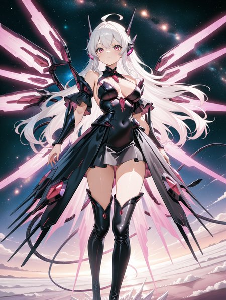 1girl,galaxy-eyes tachyon dragon,solo,looking at viewer,long hair,white hair,pink eyes,standing,personification,genderswap \(mtf\),black dress,black thigh boots,space,
masterpiece,best quality,amazing quality,very aesthetic,absurdres,newest,<lora:Galaxy-Eyes Tachyon Dragon illuXL v1:0.9>,