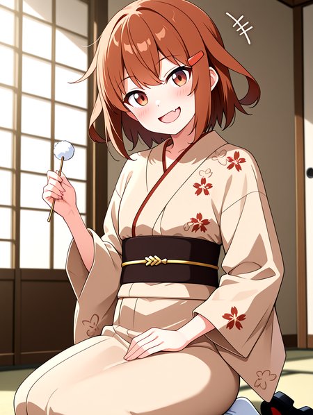 <lora:ikatuchi-yukata-outfit-000009:1>,ikatsuchi-wafuku,maple leaf floral print yukata,decorate black obi,iii iron symbol,brown japanese clothes,brown hair,short hair,1girl,hairclip,solo,hair ornament,fang,wide sleeves,brown eyes,skin fang,alternate costume,tabi,geta,
<lora:Lap_Pillow_Invitation_IL:1>,holding mimikaki,lap pillow invitation,motion lines,
faceless male side lying on her leg,
looking at viewer,blush,+++,open mouth,fang,strong smile,head tilt,doyagao, 
window,sunlight,japanese-style room,paper doors,
masterpiece,best quality,newest,absurdres,highres,detailed eyes,beautiful,detailed background,perfect eyes,anime coloring,anime screencap,
<lora:add-detail-xl:1>,<lora:ponyv4_noob1_2_adamW-000017:0.8>,wear clothes,