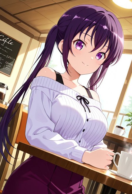 general,highres, ultra-detailed,very aesthetic,best quality ,best hands,best eyes,easynegative,
dynamic anglre, dutch angle, anime cloring,
1girl solo,looking at viewer,Cafe,smile,coffee, 
Rize TEDEZA,dark purple hair, twintails, purple_eyes, large_breasts,bare shoulder shirt, skirt,