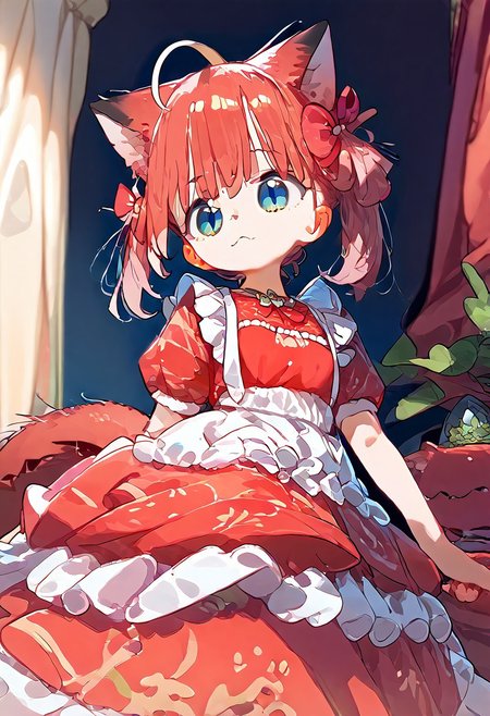 score_9, score_7_up, source_anime, uncensored, 1girl,
 <lora:spakamiKarubiXLPony:1> karubidef, blue eyes, ahoge, cat ears, animal ear fluff, tail, hair ribbon, dress, red dress, red bow, white apron, puffy short sleeves