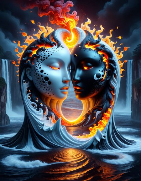 concept art Create a surreal, highly detailed Extravagant elements of yin fire and yang breeze! Embark on a fantastic journey through the fundamental forces of nature. May they be inspired by the gentle breeze, the raging flames, the water flowing over the yin and yang on the solid earth,, fantasy and realism ,dark background<lora:luxart:1>   <lora:helios2:1> . digital artwork, illustrative, painterly, matte painting, highly detailed