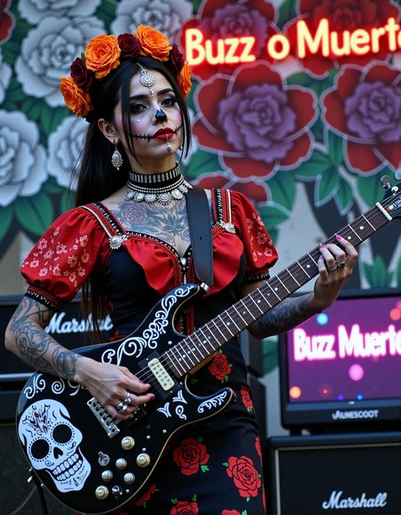 A young tattooed woman with Catrina-style make-up on her face playing an electric guitar on a band stage. She wears a traditional Mexican costume with intricate designs and patterns on her face and neck. Her hair is styled in a flower crown made of orange and red roses. The makeup is done in a Day of the Dead style, with bold black eyeliner and red lipstick. The woman also wears a red and black embroidered blouse with a black choker necklace and skull rings. The blouse features details of roses. Her neck features a full neck tattoo with jewelry in silver with rubies. The guitar features a black color with red flowers pattern and white skull painting. Behind the woman, there's a big sign with the text "Buzz o Muerte" in a Mexican-style font. The background features PA speakers and amplifiers and a blurry graffiti wall with paints of white, red, and purple roses. The foreground features a sign with the text "Buzz o Muerte" on the screen. The overall mood of the image is neon light, festive and celebratory. <lora:Flux_like_Kubrick:1>  <lora:amateurphoto-6version:0.6>