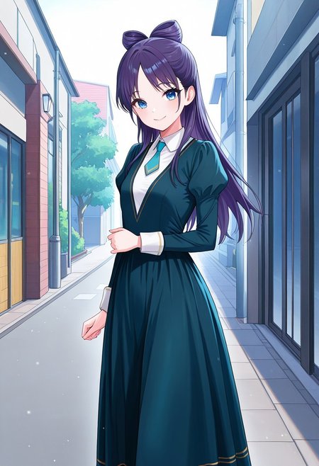 (absurdres, best quality, masterpiece:1.4), amazing quality, highres, newest, detailed, detailed body, detailed face, beautiful, petite, 
BREAK
WWNemu, 1girl, solo, standing, smile, NemuMang, manga illustration, dark purple hair, bow-shaped hair, parted bangs, half updo, blue eyes,  v-neck dress, white inner collared shirt, Short necktie, juliet sleeves, long skirt