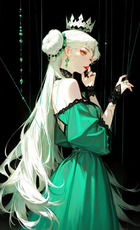 masterpiece, best quality, good quality, very aesthetic, absurdres, newest, 1girl, arm cutout, bare shoulders, beads, black background, black bridal gauntlets, black collar, black nails, black wrist cuffs, bridal gauntlets, circlet, collar, cowboy shot, crown, diamond cutout, double bun, dress, expressionless, eyelashes, gem, gown, green dress, green eyes, green gemstone, green theme, hair beads, hair bun, hair ornament, hand on own cheek, hand on own face, jewelry, lace-trimmed sleeves, lace collar, lace trim, lace wrist cuffs, lipstick, long dress, long hair, looking at hand, makeup, nail polish, off-shoulder dress, off shoulder, parted lips,puppet strings, red lips, solo, string around finger, thick eyebrows, very long hair, white crown, white hair, wrist cuffs <lora:ponyv4_noob1_2_adamW-000017:0.7> <lora:USNR_STYLE_XL_lokr:1> <lora:GBF_Illustrious:0.6>