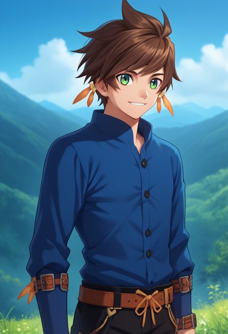 score_9, score_7_up, source_anime
sorey, 1boy, male focus, solo, green eyes, brown hair, short hair, jewelry, earrings, feathers, feather earrings, shirt, blue shirt, long sleeves, belt, pants, black pants, smile
outdoor, nature, mountains, sky,
