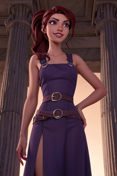 megherc, 1girl, lips, (long dark auburn hair:1.3), ponytail, purple eyes, eyeshadow, long greek purple dress, bare shoulders, detailed skin, detailed eyes, finely detailed hair, (standing, from below, presenting:1.7), gorgeous, detailed intricate face, photorealistic, intricate detail, athletic, (abs:0.2), (small demure smile), greek temple, (highly detailed background:1.1), sharp focus, volumetric lighting, subsurface scattering, (OverallDetail:1.2), EyeDetail, HairDetail, <lora:megara_v1-04:0.44> <lora:detail_slider_v4:0.8>
