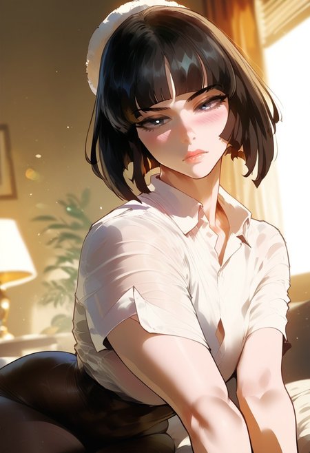 score_9_up, score_8_up, score_7_up, Anime_source,score_9, score_8_up, score_7_up, rating_explicit, uncensored ,
1girl, focus, , 
Kivye, black eyes, black hair, short hair, blunt bangs, short hair,
normal uniform,  black pantyhose not transparent ,white shirt,black pantyhose, Battle clothes, 
 extremely sexy legs,  blush, nose , sexy body,,