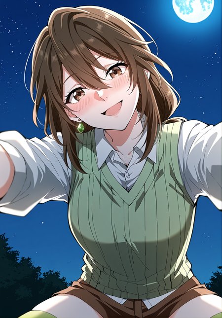 <lora:Eleanor_Leywin__The_Beginning_After_the_End__Illustrious:1>
1 girl, solo, brown hair, brown eyes, bangs
white shirt, collared shirt, earrings, jewelry, long hair, hair between eyes, green sweater vest, green thighhighs, long sleeves, brown shorts
score_9, score_8_up, score_7_up, score_6_up, source_anime, rating_explicit, 1girl, solo, smile, embarrassed, alcalose eyes, open mouth, looking at viewer, outstretched arms, pov, close-up, (head tilt:1.2), blue sky, night, blue moon,