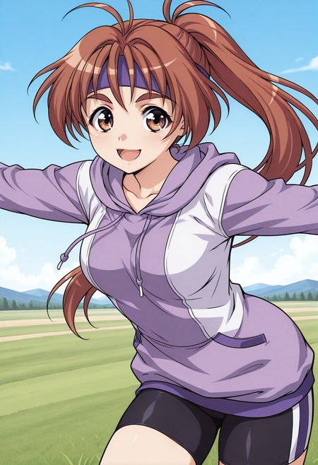 nagahara_chizuru, thick eyebrows, brown eyes, brown hair, long hair, ponytail, antenna hair, headband, hoodie, long sleeves, bike shorts, <lora:nagahara_chizuru_illustrious_ver1:0.8> 
smile, open mouth,, masterpiece, best quality, sensitive,, 1girl, solo, blue sky, (grasslands:1.2), looking at viewer,, (cowboy shot, dynamic pose:1.4),