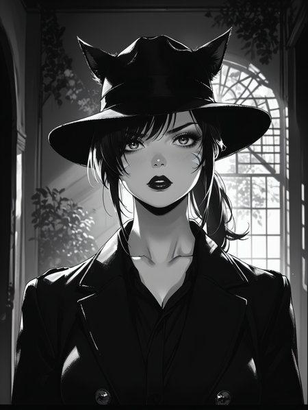 score_9, score_8_up, score_7_up, source_anime, cinematic lighting, dramatic lighting, s1_dram, <lora:S1_Dramatic_Lighting_v2:0.55>, (monochrome), high contrast, rim lighting,
BREAK
<lora:50s_Noir_Movie:0.6>, ArsMovieStill, 50s Noir Movie Still, opt-femme fatale, detective, fedora, dimly lit , trench coat, silhouette, dining room, floral wallpaper, film, (close up), (portrait), serious expression,
BREAK
1girl, <lora:thusiast-v1:0.6>, thu5145t, ponytail, (cat ears), cat tail, miqo'te, hair over one eye, (huge breasts), toned body, lipstick, makeup