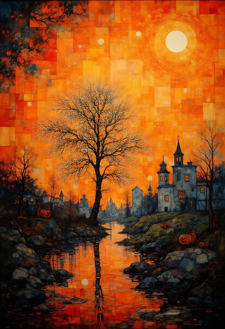 Witness the remarkable harmonization of contrasting elements in this mesmerizing Ebru artistry blend. Vibrant golden sunset hues intertwine with ghostly Halloween shades, creating a surreal landscape of enchantment and intrigue. This captivating photorealistic painting possesses a transcendent quality, where reality seamlessly transitions into an illusionary realm of wonder.  Delicate brushstrokes showcase intricate foreshortening details, reminiscent of an abstract masterpiece, inviting the viewer to dive deeper into this mystical domain. A lone willow tree stands tall amidst this celestial symphony, its branches reaching toward the heavens, as if yearning to embrace the ethereal essence of the canvas. The mesmerizing color palette showcases a spectrum of warm sunset tones and eerie twilight shadows that dance across the canvas, revealing an atmosphere charged with the uncanny and enchantment. ,<lora:Digital painting V1.safetensors:1.0> ,