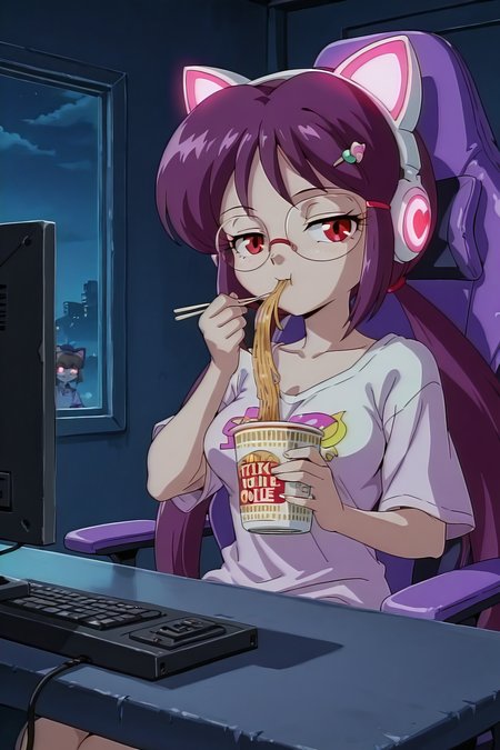 detailed background, shiny skin, posing,
<lora:etoran.il:1>,
etoran,
night, sitting, gaming chair, flickering monitor,
loose shirts, half-closed eyes, glowing headphone,
dark, dark atmosphere, shadow, 
looking at viewer, cup noodle, eating,, purple very long hair, low pigtails,
red eyes, glasses, hairpin, cat headphones,  
medium breasts,