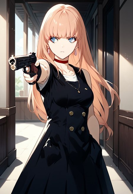 score_9, score_8_up, score_7_up, source_anime, 1girl, TURKISH KILLER POSE, LOOKING AT GUN, HOLDING HANDGUN, HAND IN POCKET, YUNA (B THE BEGINNING)