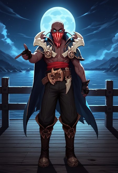 score_9, score_8_up, score_7_up, solo, 1boy, Pyke, dark skin, blue eyes, bald, scars, red mask with printed teeth, fingerless gloves, cape, bone shoulder pads, belt, pants, boots, pier, dark theme, pointing_at_viewer, detailed background, vnbg, dark, night, dark theme, dark background, full moon, midnight