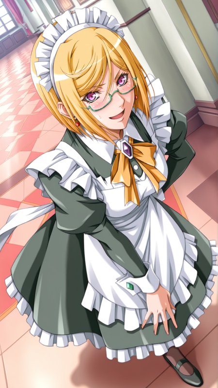 source_anime, general, best quality, masterpiece, 1girl,  <lora:Trya_ill_v1.0:1> trya\(srw\),blonde hair, purple eyes,bob cut,swept bangs, sidelocks,  jewelry, earrings,  green-framed eyewear, semi-rimless eyewear, maid, maid headdress, maid apron, happy, (embarrassed:0.7),  dynamic pose, dutch angle, full body,