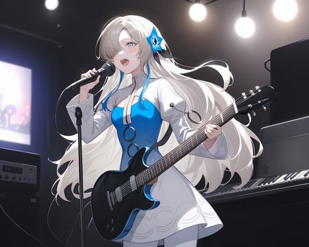 1girl, isekaijoucho, isekai joucho,
blue hair flower, gray wavy long hair, hair over one eye, multicolored hair, white blue two-tone dress, blue white gradient dress, puffy long sleeves, white pantyhose, high heel boots,
singing, (smile:0.3), eyes open, mouth open, indoor, recording studio, bokeh, outstreached arm, playing guitar, mic stand, standing, cowboy shot, musical band, man playing guitar, man playing drums, man playing keyboard \(instrument\),
masterpiece, best quality, very aesthetic,
<lora:neg4all_bdsqlsz_xl_V91:1>,  <lora:Isekaijoucho_anmgn31_C:0.6>,