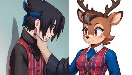 score_9, score_8_up, score_8, sonic \(series\), anthro deer, 1girl, furry, furry female, brown hair, freckles, fur collar, large breasts, deer ears, reindeer antlers, short hair, red eyes, white spots, grey highlights, brown antlers, chubby, white spots, <lora:Robbie_Rotten_outfit:0.7>, Robbie Rotten outfit, long sleeves, striped, pants, vest, vertical stripes, pinstripe pattern, striped pants, black shoes, wrist cuffs, <lora:SasukeChokeEditsMeme_XLPD:1>, IncrsChokeMeme, 1boy