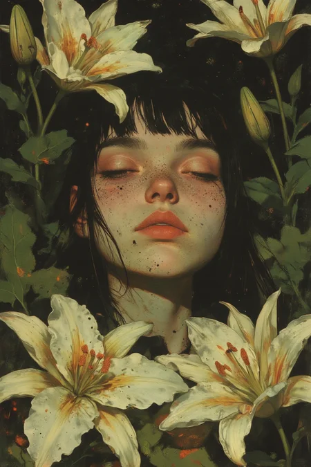 A high-resolution, meticulously detailed photograph featuring a young woman with an ethereal, surrealistic aesthetic, centrally positioned and exuding tranquil beauty. Her fair skin glows softly against the deep, almost black background, and her long, dark hair cascades around her shoulders, blending seamlessly with the dramatic setting. Her serene, closed-eye expression is enhanced by subtle makeup: a soft pink blush dusts her cheeks, delicate eyeshadow adds dimension, and her lips are painted a deep, rich red, providing a striking contrast to the purity of the white lilies framing her face. 

The lilies, large and waxy, are arranged in full bloom with intricate petals and vivid green stems. Some flowers reveal stamens and anthers in warm shades of yellow and orange, adding natural variation to the composition. The floral arrangement forms a symmetrical, natural frame around her head and shoulders, drawing the viewer's eye to her serene expression. 

The controlled studio setting ensures the precision of every detail, from the vibrant texture of the flowers to the gentle highlights on her skin. This harmonious blend of human form and nature creates a captivating image that balances tranquility, natural beauty, and artistic precision in a surreal, dreamlike tableau.