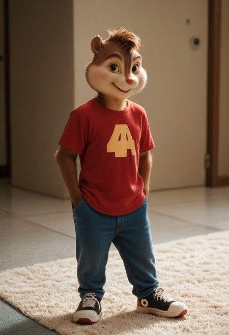 (, score_9, score_8_up, score_7_up), kftenhance, AlvinSeville, furry male, solo, chipmunk, brown eyes, red t-shirt, blue jeans, sneakers, painted walls, carpet, hands in pockets, looking at viewer, blue eyes , smiling, best quality, high definition