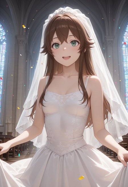 masterpiece,best quality,absurdres,highres,very aesthetic,high quality,detailed,insanely detailed,beautiful, 
 <lora:Yakumaru Itsuki illu:1> 1girl, brown hair, long hair, green eyes, collarbone, bare shoulders, small breasts, 
wedding dress, veil, church, (confetti:1.1), smile, open mouth, white dress, wedding dress), indoors