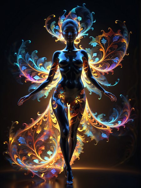 woman with glowing translucent fractal skin, full body, swirling organic patterns, vibrant, ultra hd, vivid colors, perfect composition, soft natural volumetric cinematic lighting, amazing shadows, black silhouette, volumetric light, 
