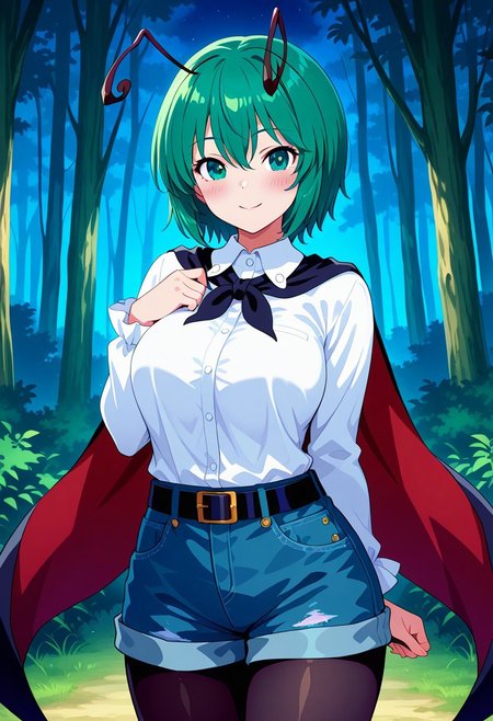 fusu style, ((forest)), ((night time)), blush, ((looking at viewer)), ((standing)), ((posing)), (1girl), ((solo)), ((large breasts)), ((wriggle nightbug)), smile, green hair, short hair, hair between eyes, green eyes, antennae, shirt, white shirt, cape, black cape, long sleeves, collared shirt, red cape, two-sided cape, antennae, denim shorts, black belt, two-sided fabric, ((black pantyhose))